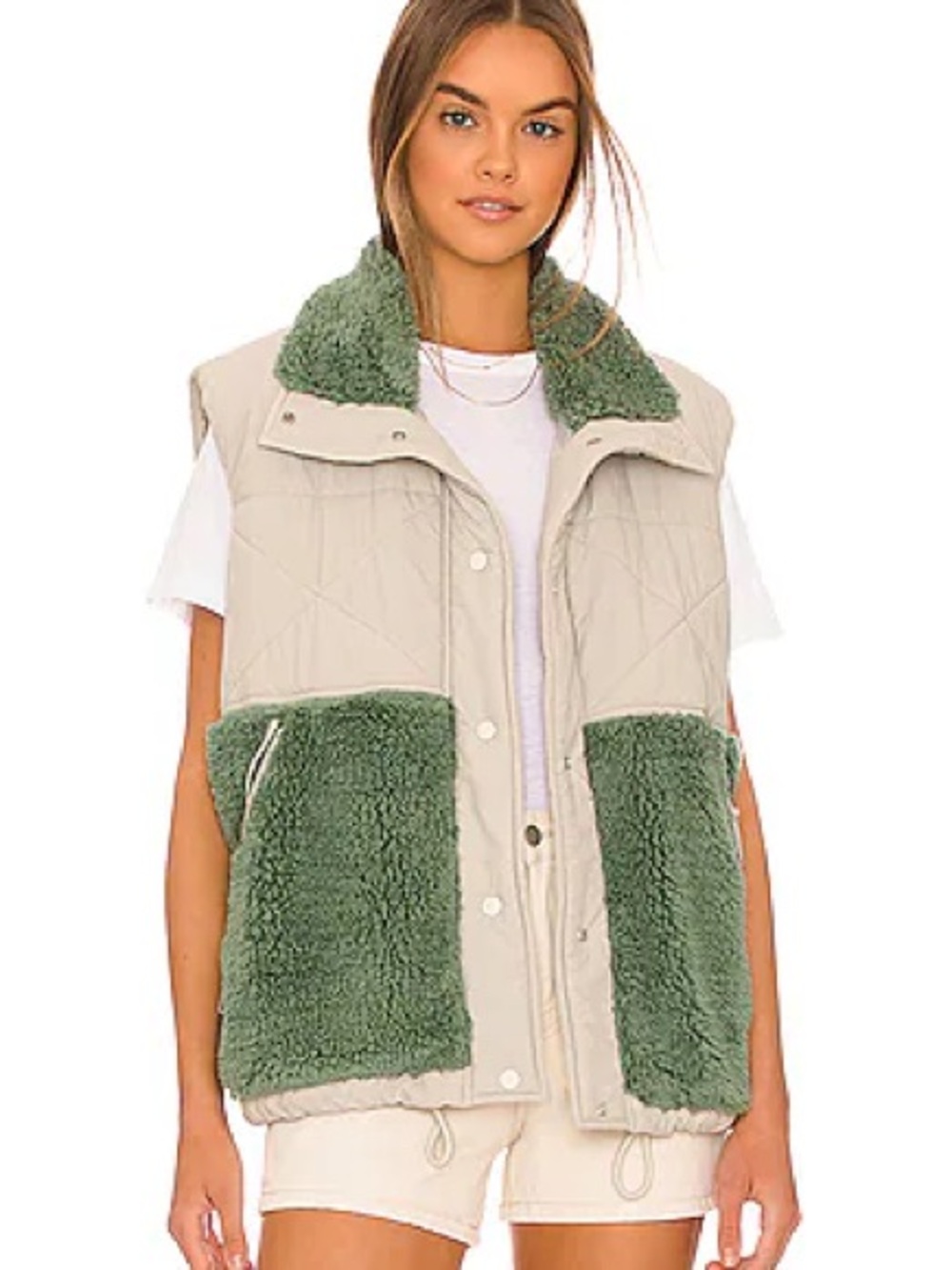 FP Movement by Free People Beige Quilted Vest with Green Sherpa Trim